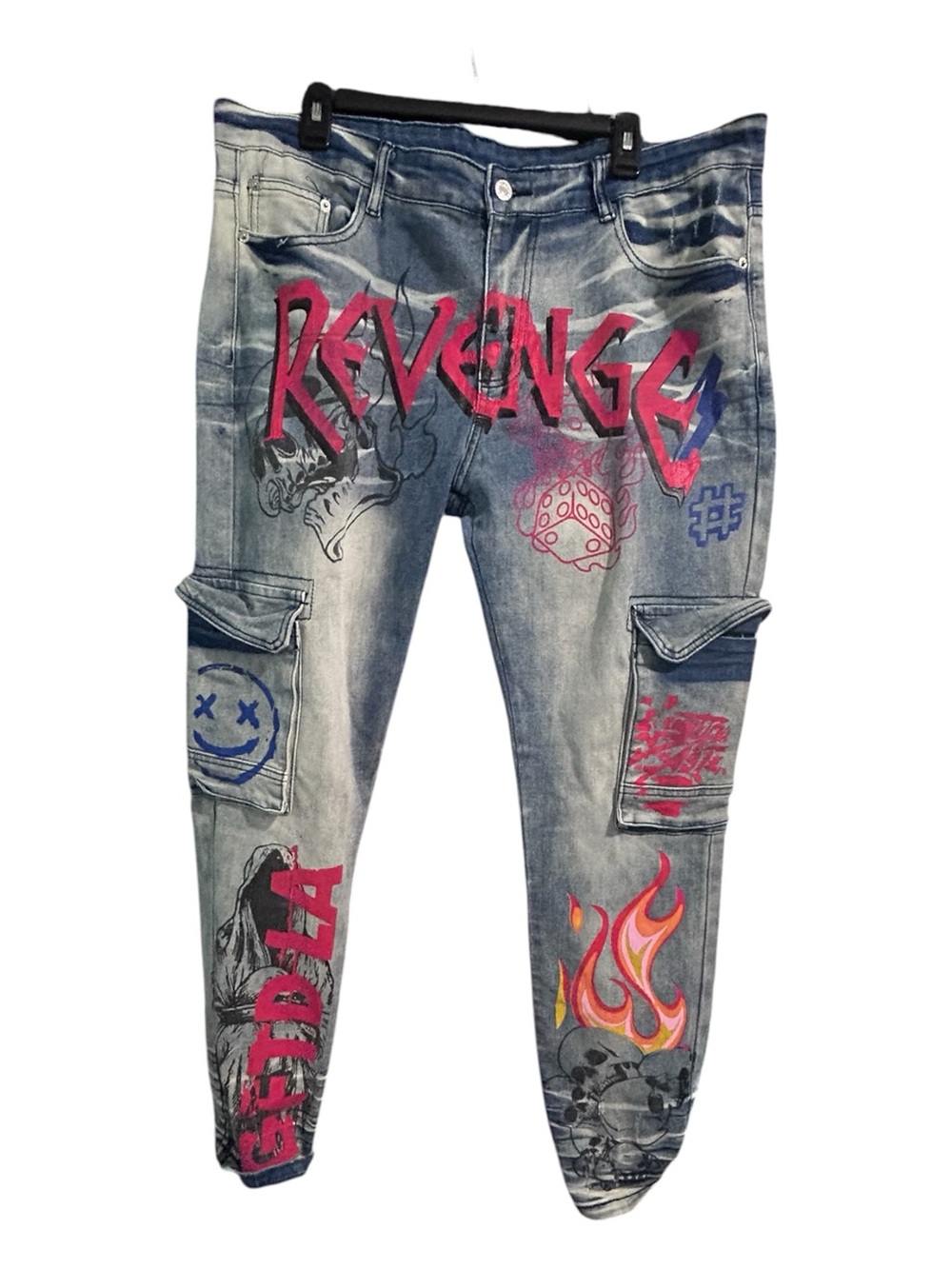 BIEPA Men's Straight Fit Graphic Cargo Jeans in Blue with Pink & Orange Accents